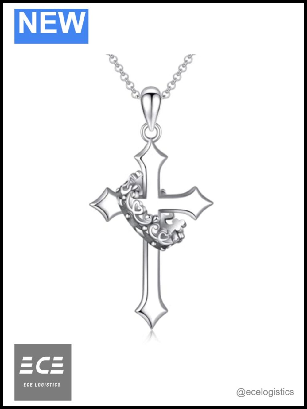 925 Sterling Silver Crown Cross Pendant Necklace Unisex Christian